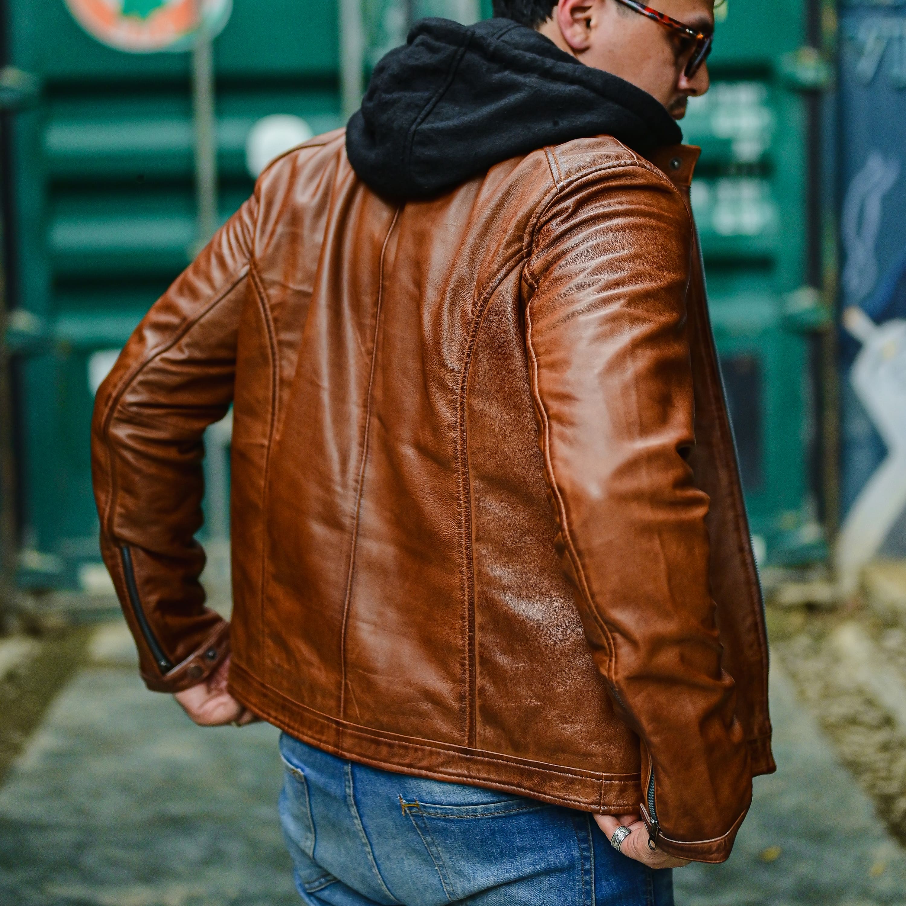 Mens Brown Casual Hooded Vintage Leather Jacket with Removable Hood